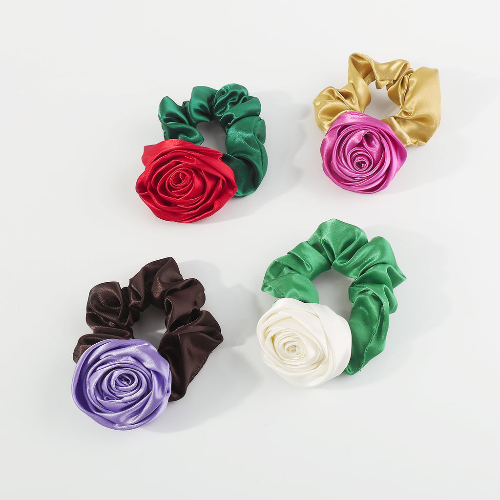 F6285 Satin Rose Flower Elastic Hair Ties